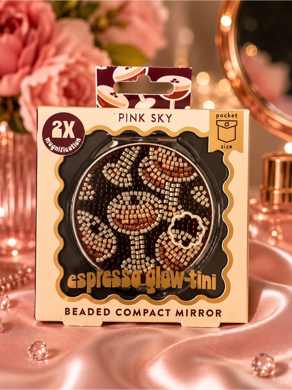 Pink Sky Espresso Glow-Tini Beaded Compact Mirror - Brown/Gold